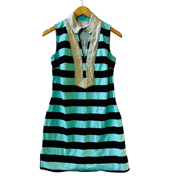 Sail To Sble Striped High Bishop Neck Dress Size S Small Teal Gold - Picture 2 of 9